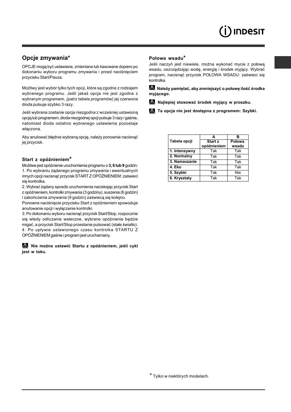 Opcje zmywania | Indesit DFP-2631M-EU User Manual | Page 67 / 84