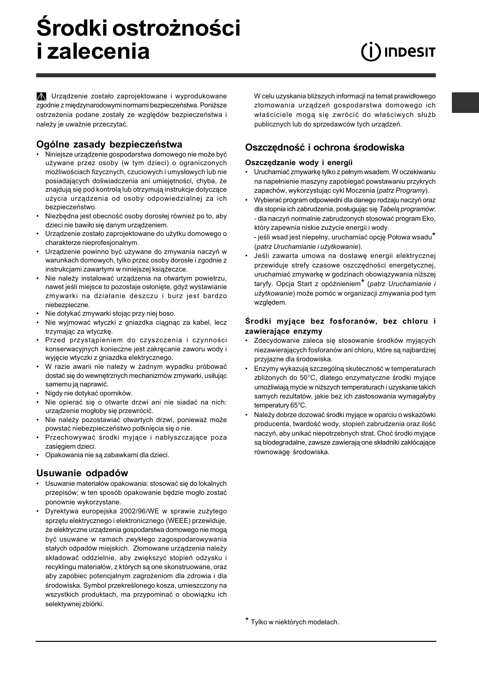Środki ostrożności i zalecenia, Ogólne zasady bezpieczeństwa, Usuwanie odpadów | Oszczędność i ochrona środowiska | Indesit DFP-2631M-EU User Manual | Page 71 / 84