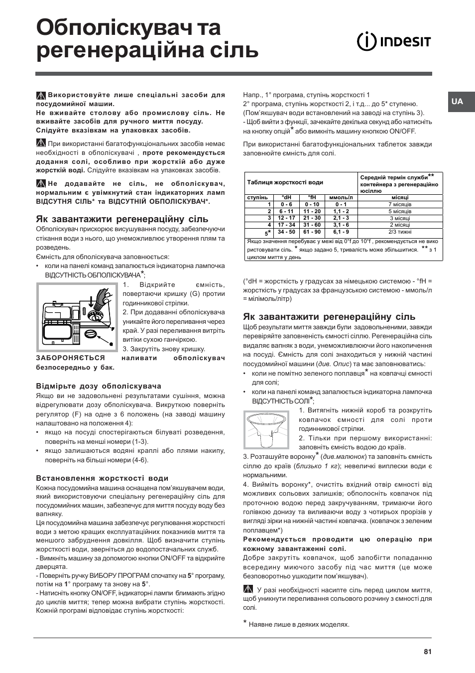 Обполіскувач та регенераційна сіль, Як завантажити регенерацiйну сiль | Indesit DFP-2631M-EU User Manual | Page 81 / 84