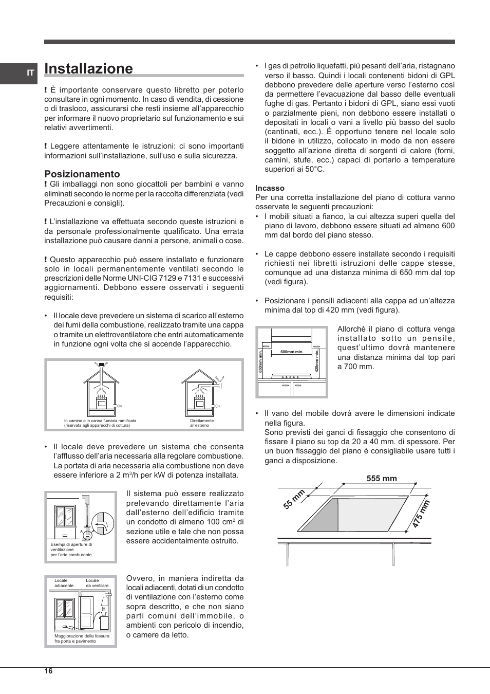 Installazione, Posizionamento | Indesit PIM-640-S-(IX) User Manual | Page 16 / 88