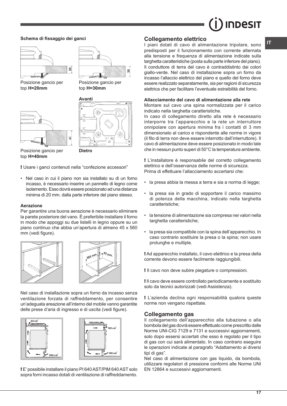 Collegamento elettrico, Collegamento gas | Indesit PIM-640-S-(IX) User Manual | Page 17 / 88