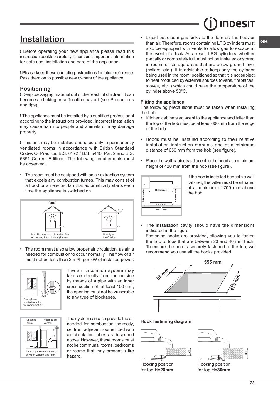 Installation, Positioning | Indesit PIM-640-S-(IX) User Manual | Page 23 / 88