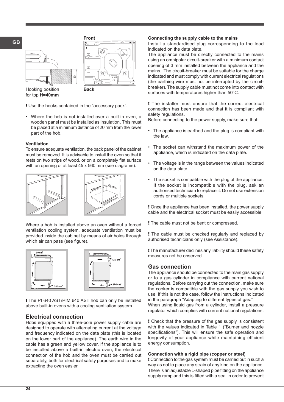 Electrical connection, Gas connection | Indesit PIM-640-S-(IX) User Manual | Page 24 / 88
