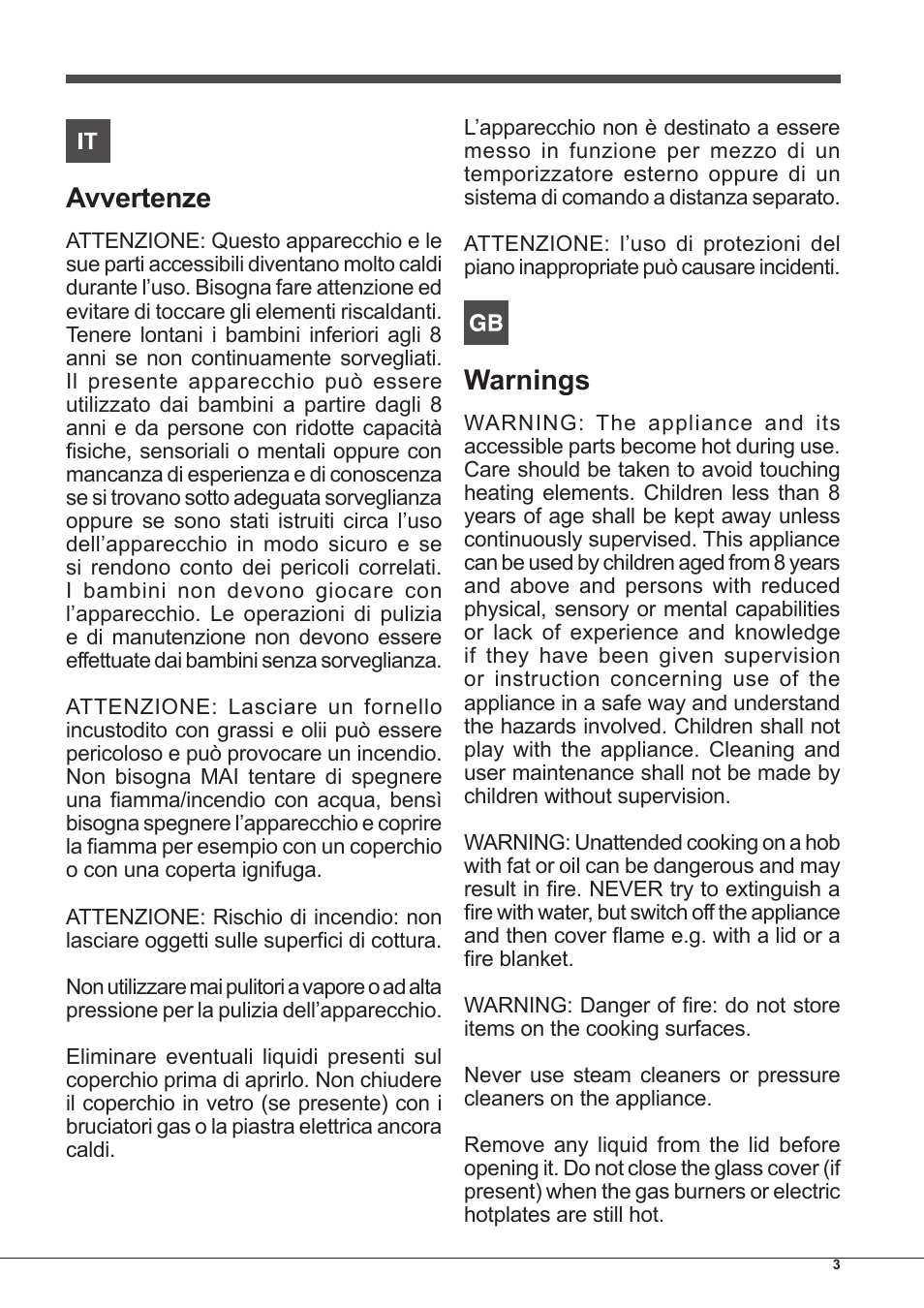 Avvertenze, Warnings | Indesit PIM-640-S-(IX) User Manual | Page 3 / 88