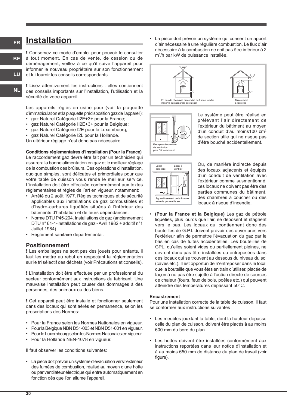 Installation, Positionnement | Indesit PIM-640-S-(IX) User Manual | Page 30 / 88