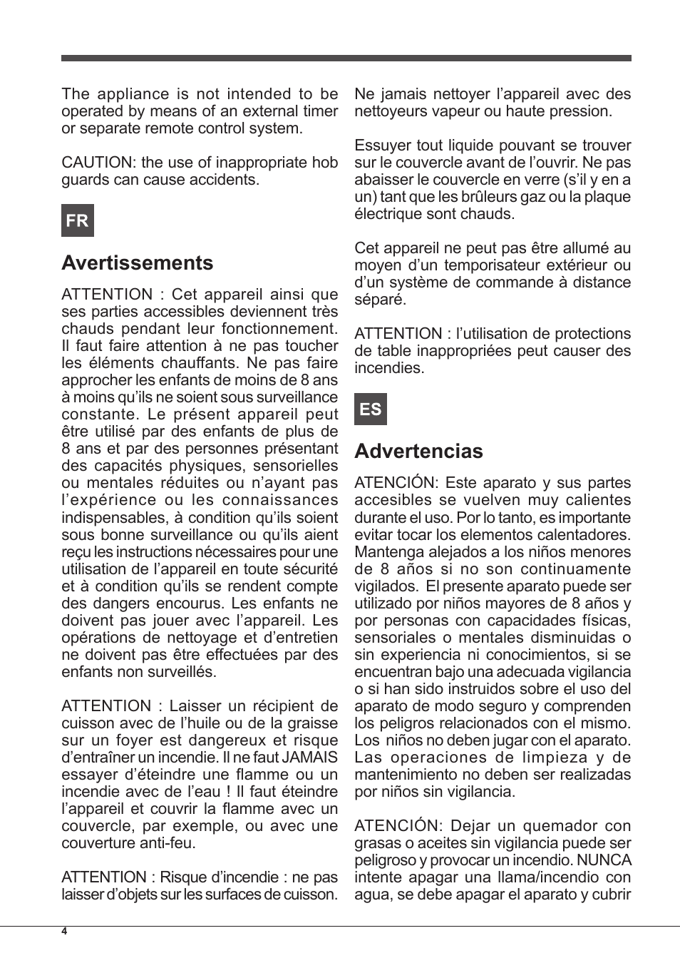 Avertissements, Advertencias | Indesit PIM-640-S-(IX) User Manual | Page 4 / 88