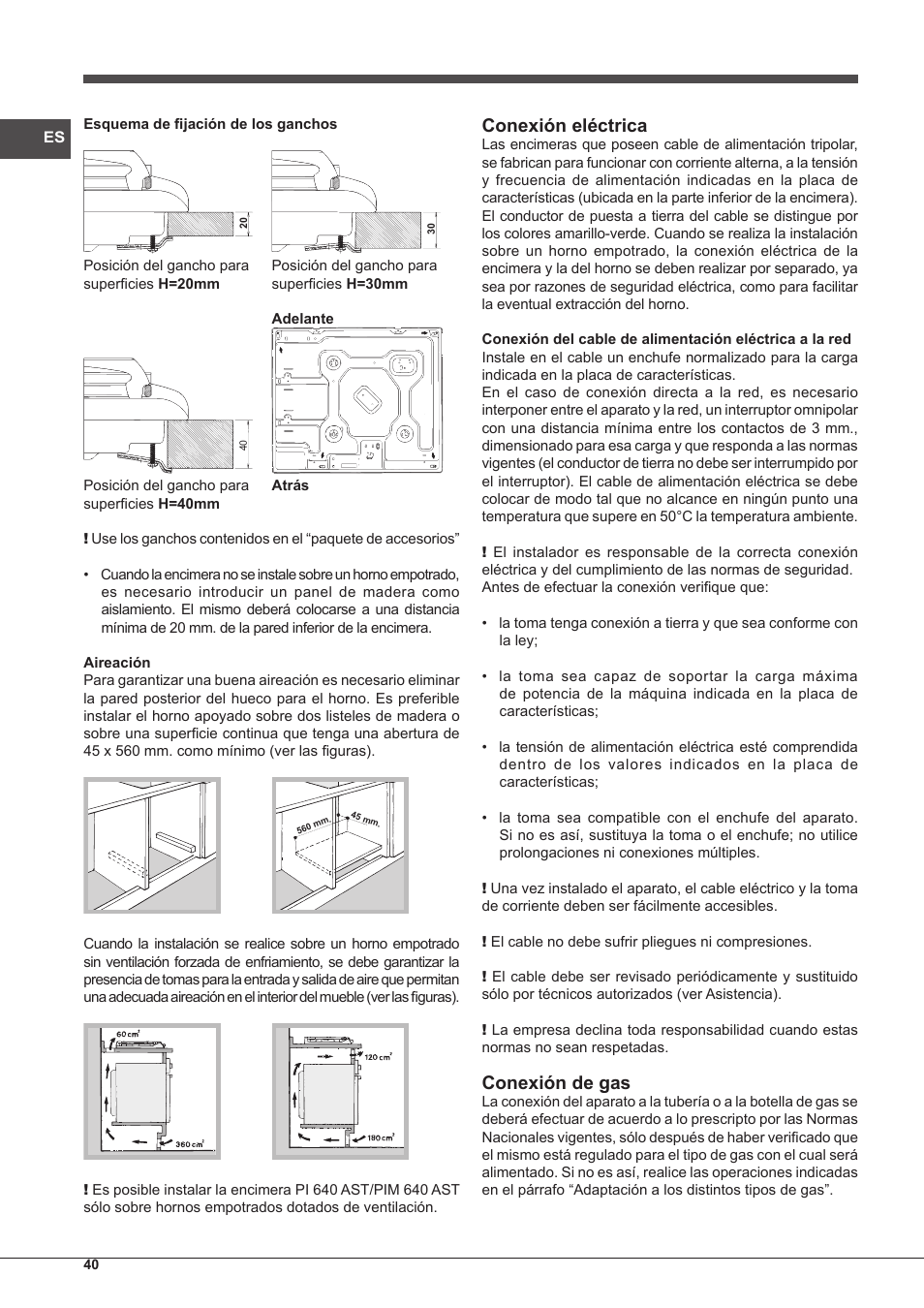 Conexión eléctrica, Conexión de gas | Indesit PIM-640-S-(IX) User Manual | Page 40 / 88