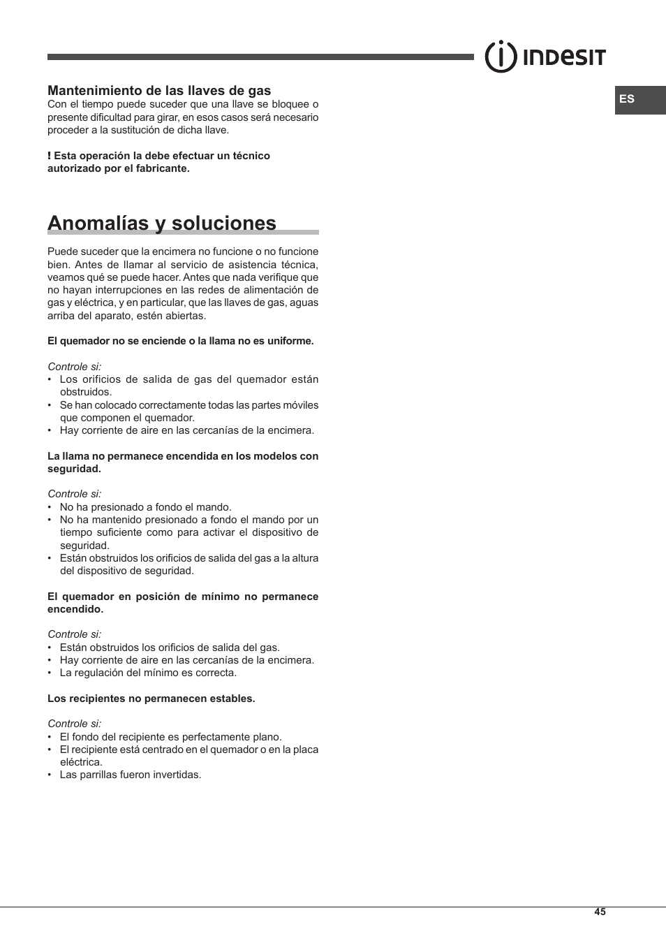 Anomalías y soluciones, Mantenimiento de las llaves de gas | Indesit PIM-640-S-(IX) User Manual | Page 45 / 88