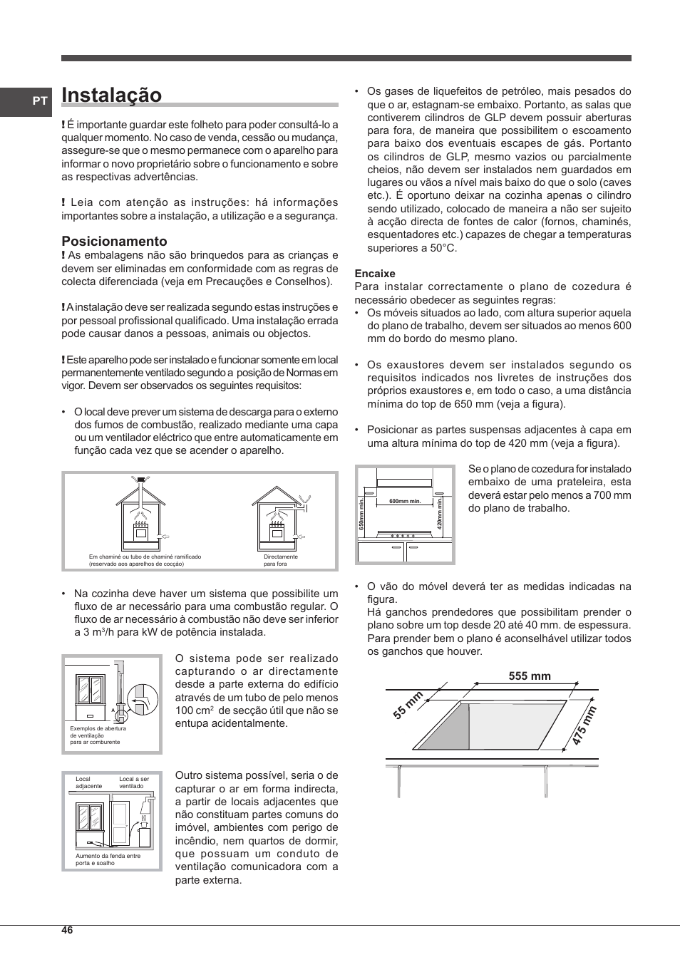 Instalação, Posicionamento | Indesit PIM-640-S-(IX) User Manual | Page 46 / 88