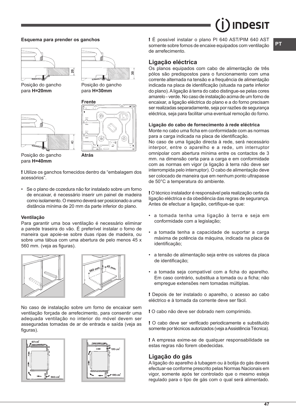 Ligação eléctrica, Ligação do gás | Indesit PIM-640-S-(IX) User Manual | Page 47 / 88