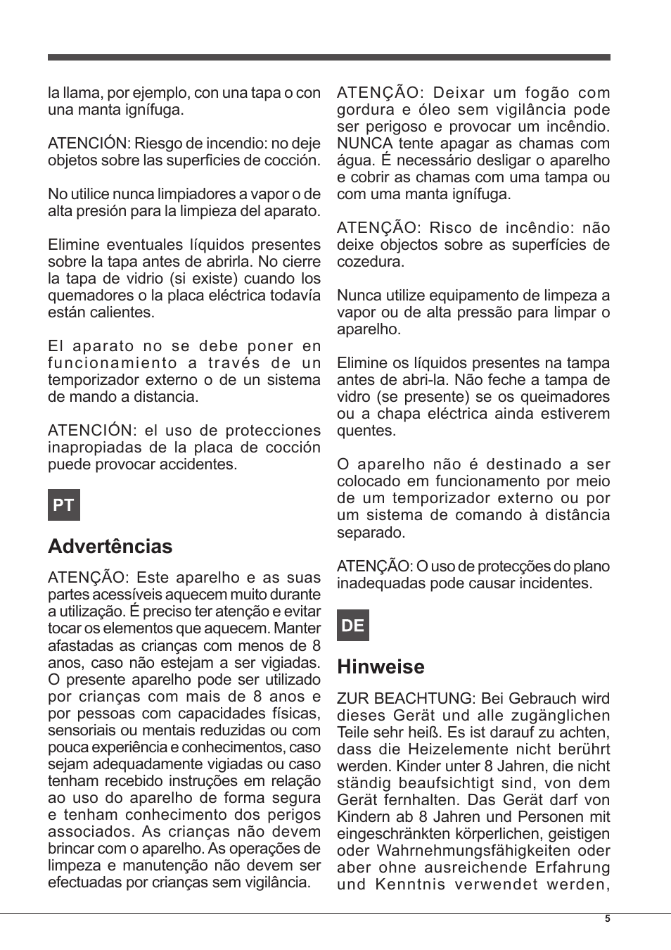 Advertências, Hinweise | Indesit PIM-640-S-(IX) User Manual | Page 5 / 88