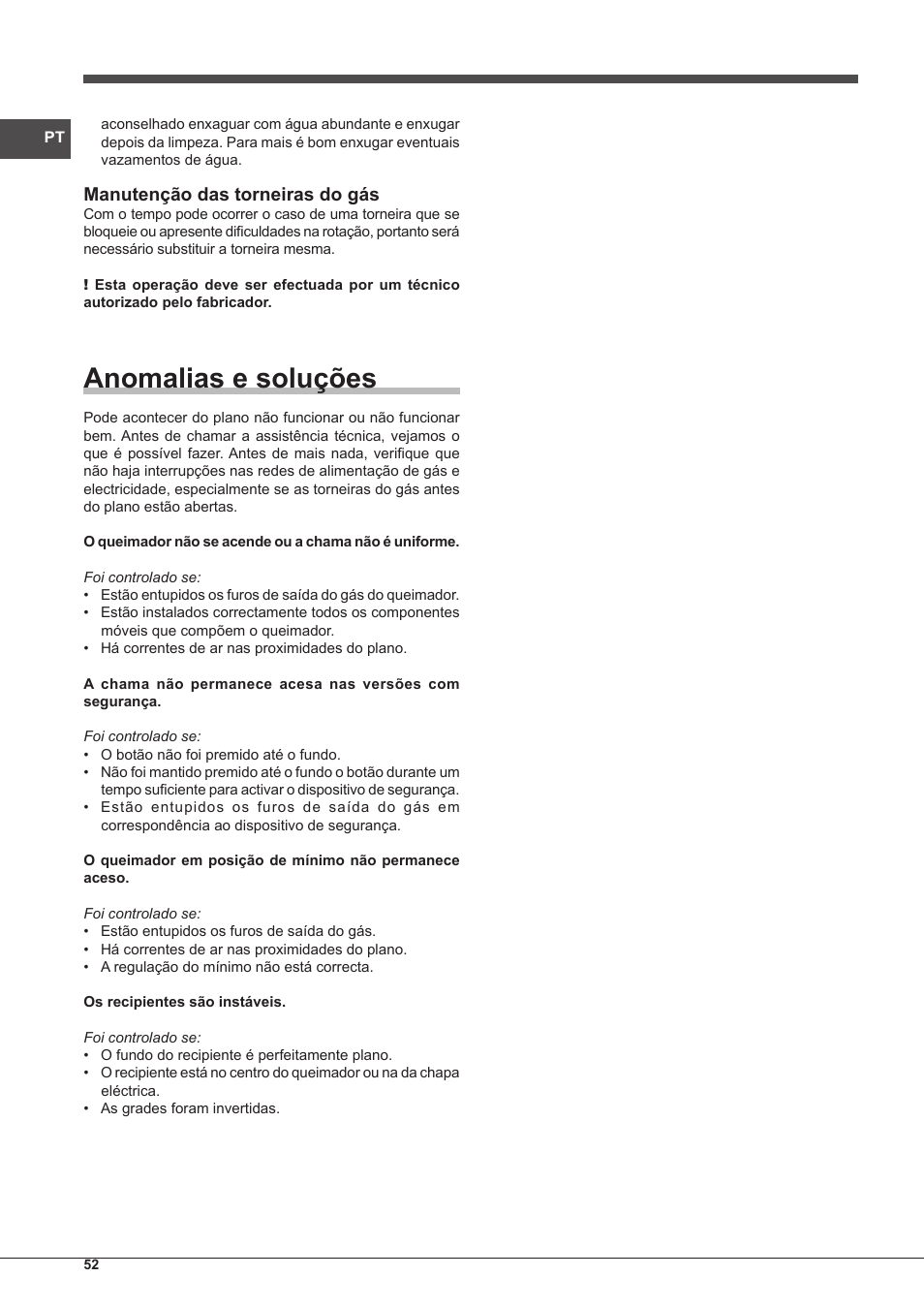 Anomalias e soluções, Manutenção das torneiras do gás | Indesit PIM-640-S-(IX) User Manual | Page 52 / 88