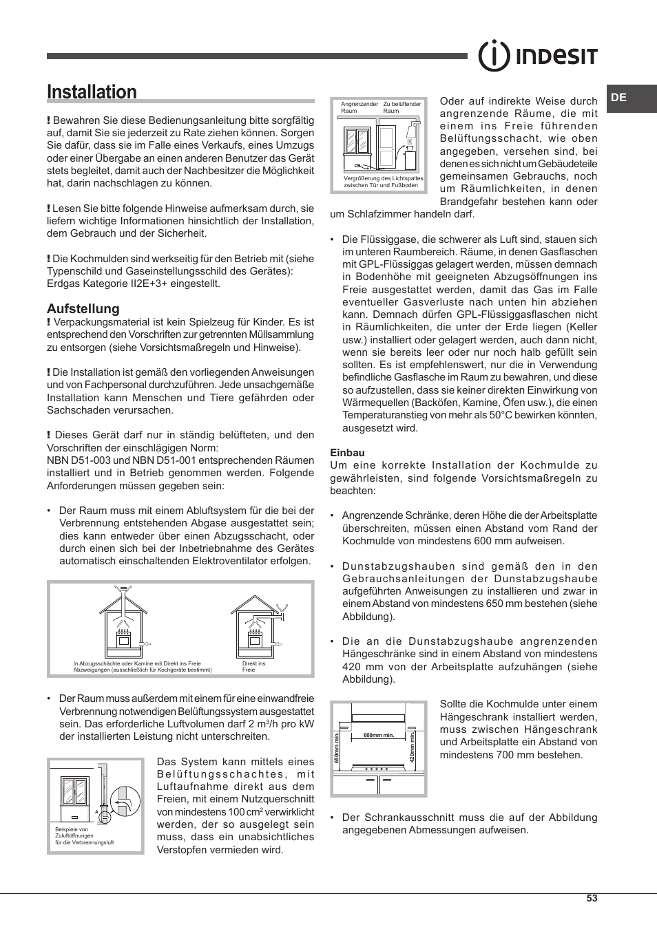 Installation, Aufstellung | Indesit PIM-640-S-(IX) User Manual | Page 53 / 88