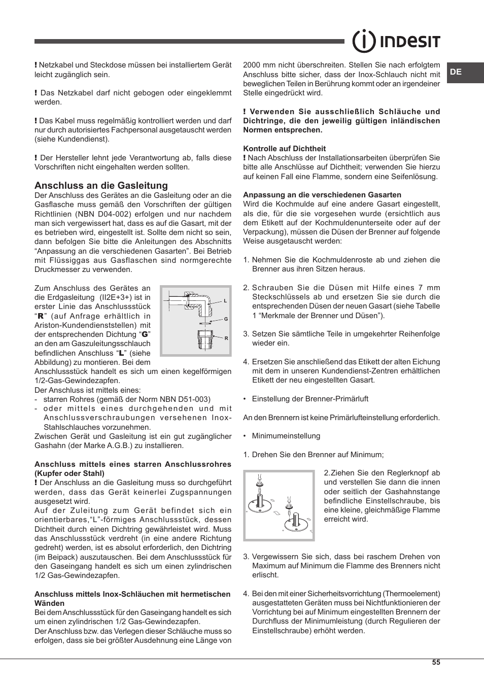 Anschluss an die gasleitung | Indesit PIM-640-S-(IX) User Manual | Page 55 / 88