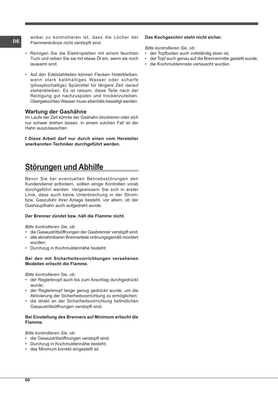 Störungen und abhilfe, Wartung der gashähne | Indesit PIM-640-S-(IX) User Manual | Page 60 / 88