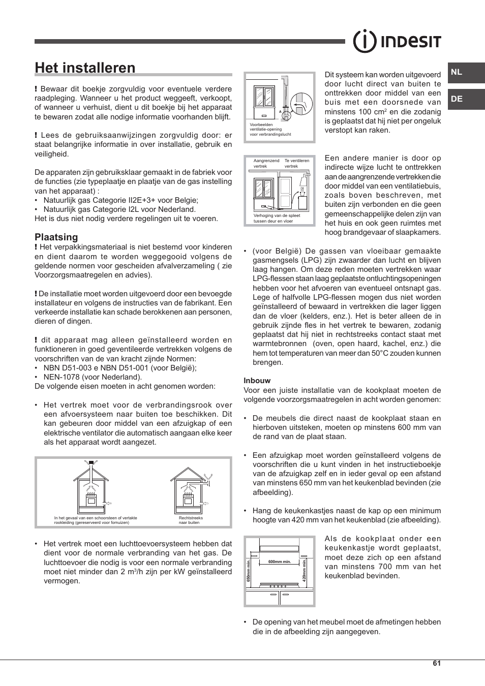 Het installeren, Plaatsing | Indesit PIM-640-S-(IX) User Manual | Page 61 / 88