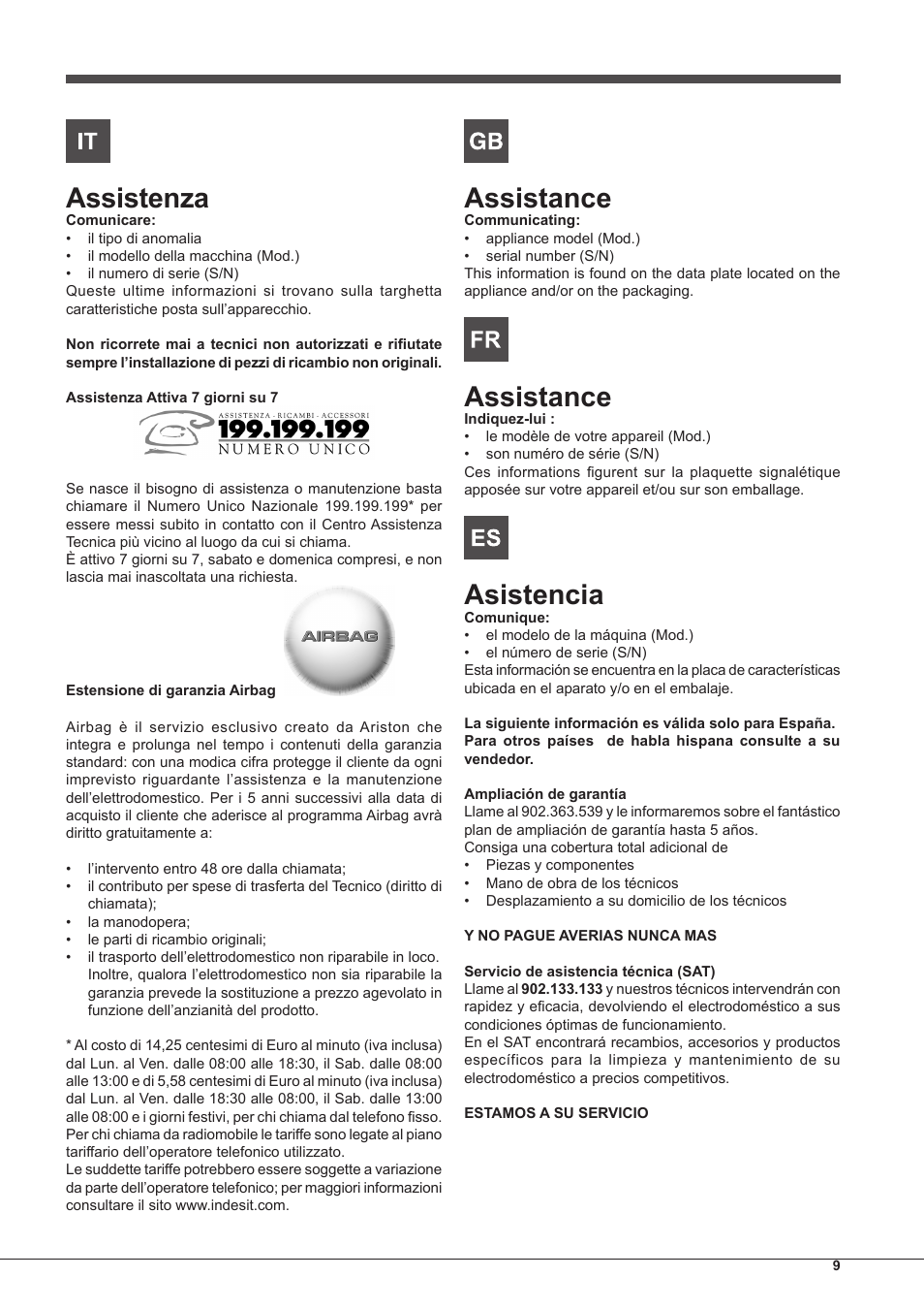 Assistenza, Assistance, Asistencia | Indesit PIM-640-S-(IX) User Manual | Page 9 / 88