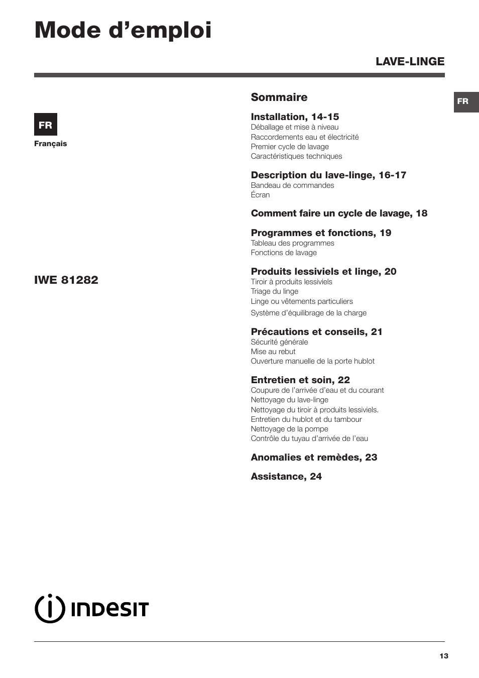Mode d’emploi | Indesit IWE-81282-B-C-ECO-EU User Manual | Page 13 / 60