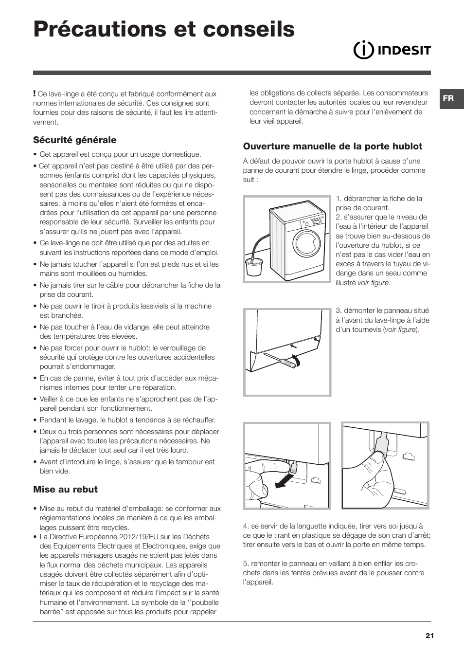 Précautions et conseils | Indesit IWE-81282-B-C-ECO-EU User Manual | Page 21 / 60