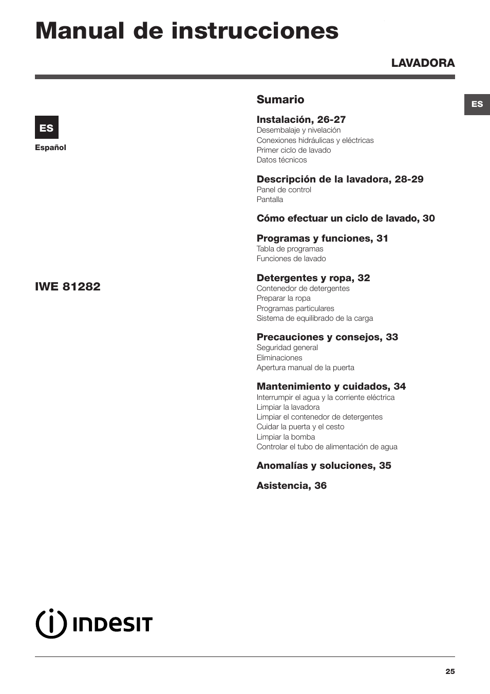 Manual de instrucciones | Indesit IWE-81282-B-C-ECO-EU User Manual | Page 25 / 60
