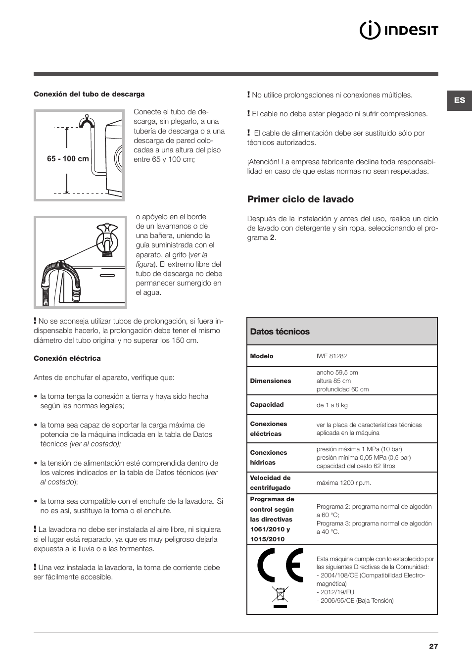 Primer ciclo de lavado | Indesit IWE-81282-B-C-ECO-EU User Manual | Page 27 / 60