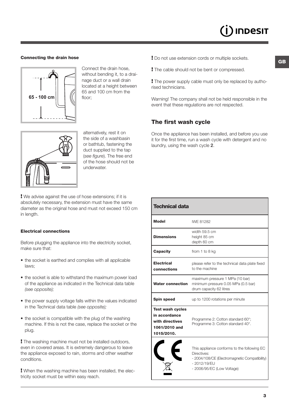 The first wash cycle | Indesit IWE-81282-B-C-ECO-EU User Manual | Page 3 / 60