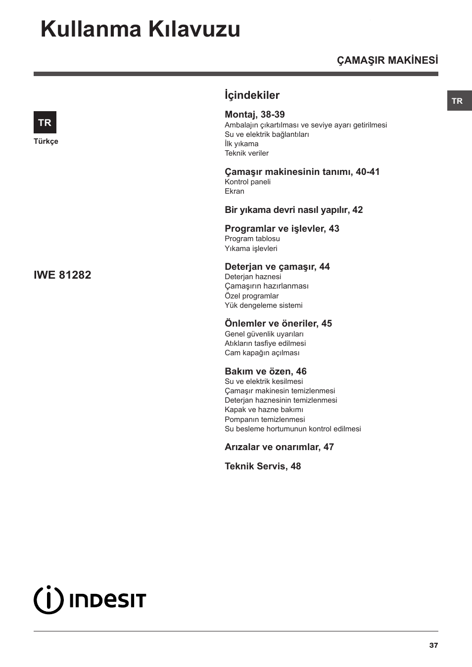 Kullanma kılavuzu, Içindekiler | Indesit IWE-81282-B-C-ECO-EU User Manual | Page 37 / 60