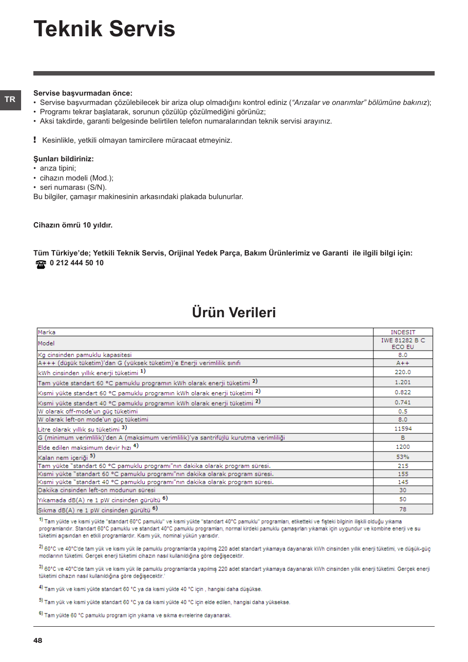 Teknik servis, Ürün verileri | Indesit IWE-81282-B-C-ECO-EU User Manual | Page 48 / 60