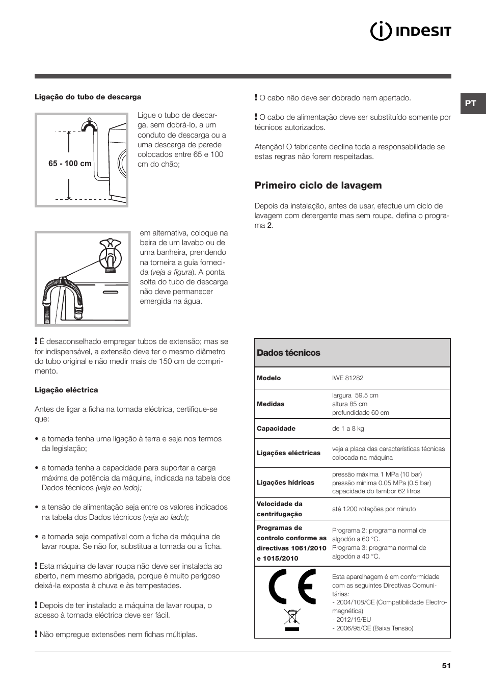 Primeiro ciclo de lavagem | Indesit IWE-81282-B-C-ECO-EU User Manual | Page 51 / 60