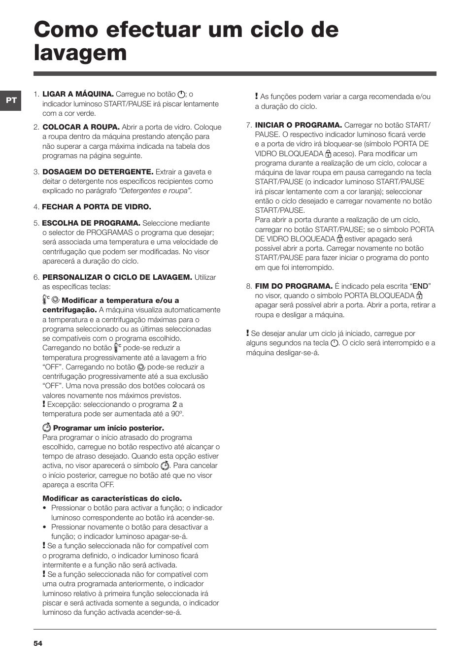 Como efectuar um ciclo de lavagem | Indesit IWE-81282-B-C-ECO-EU User Manual | Page 54 / 60
