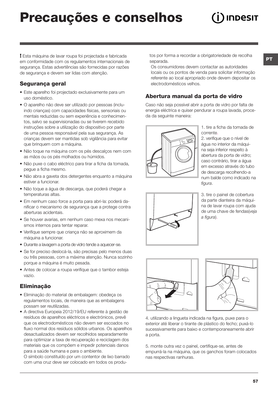 Precauções e conselhos | Indesit IWE-81282-B-C-ECO-EU User Manual | Page 57 / 60