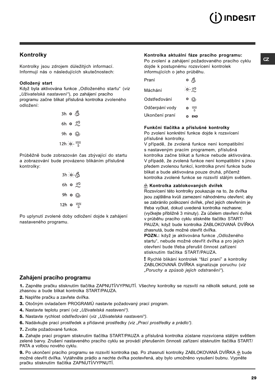 Kontrolky, Zahájení pracího programu | Indesit IWC-5105-(EU) User Manual | Page 29 / 84