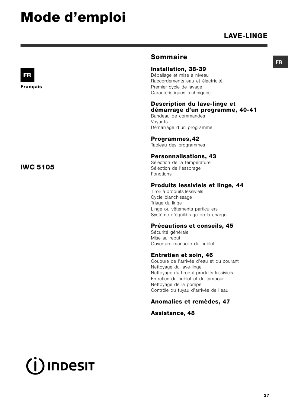 Mode demploi, Sommaire, Iwc 5105 | Lave-linge | Indesit IWC-5105-(EU) User Manual | Page 37 / 84