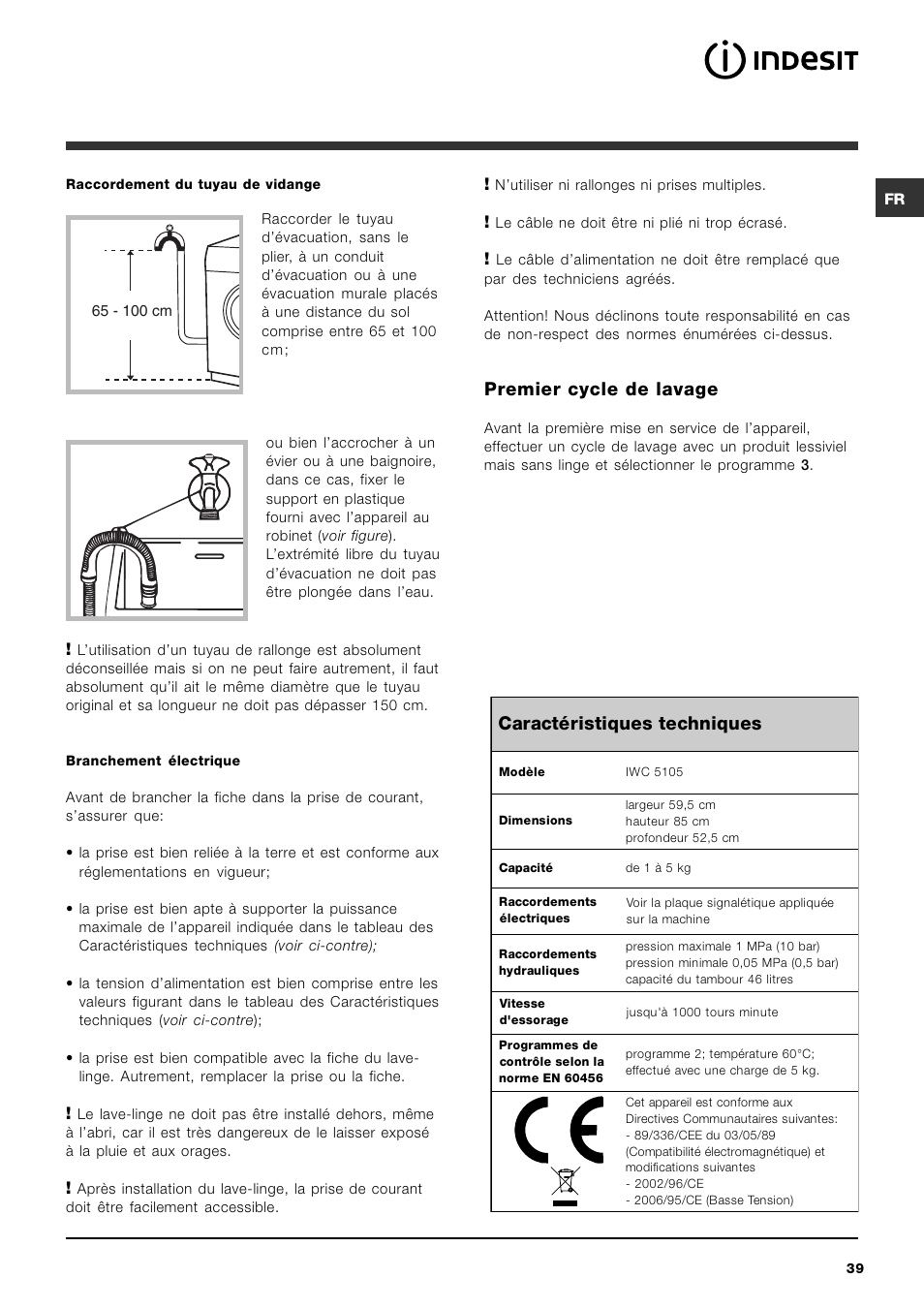 Premier cycle de lavage, Caractéristiques techniques | Indesit IWC-5105-(EU) User Manual | Page 39 / 84