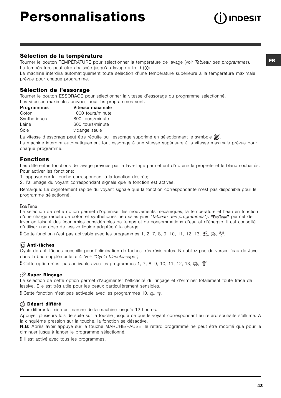 Personnalisations | Indesit IWC-5105-(EU) User Manual | Page 43 / 84