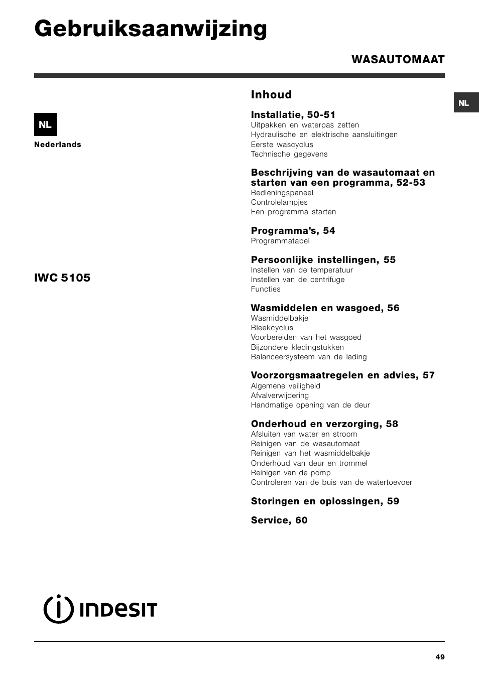 Gebruiksaanwijzing, Inhoud, Iwc 5105 | Wasautomaat | Indesit IWC-5105-(EU) User Manual | Page 49 / 84