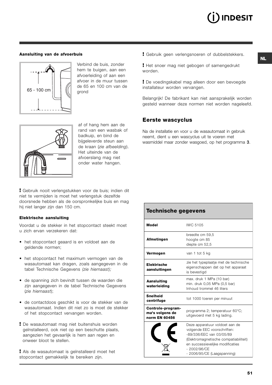 Eerste wascyclus, Technische gegevens | Indesit IWC-5105-(EU) User Manual | Page 51 / 84