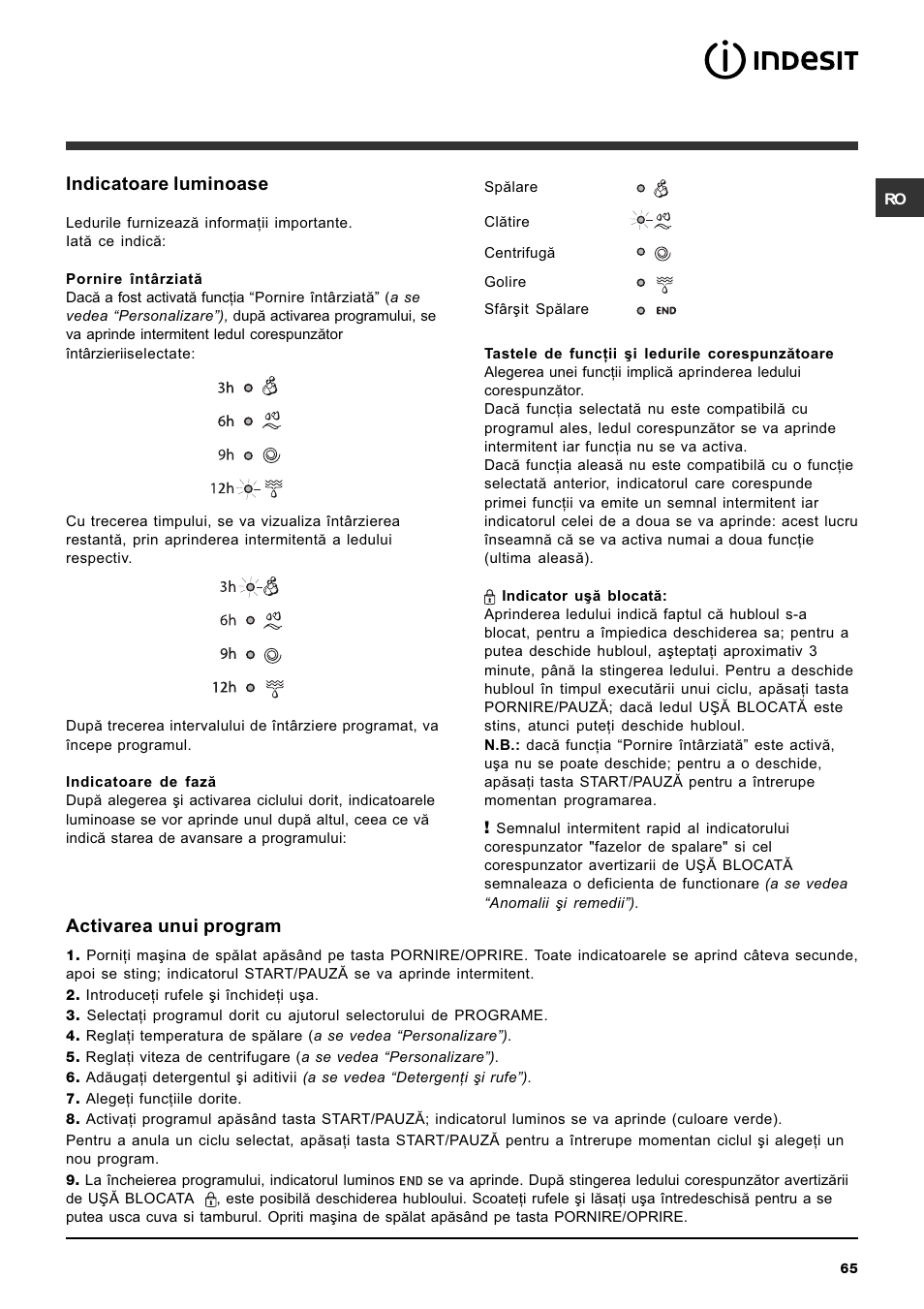 Indicatoare luminoase, Activarea unui program | Indesit IWC-5105-(EU) User Manual | Page 65 / 84