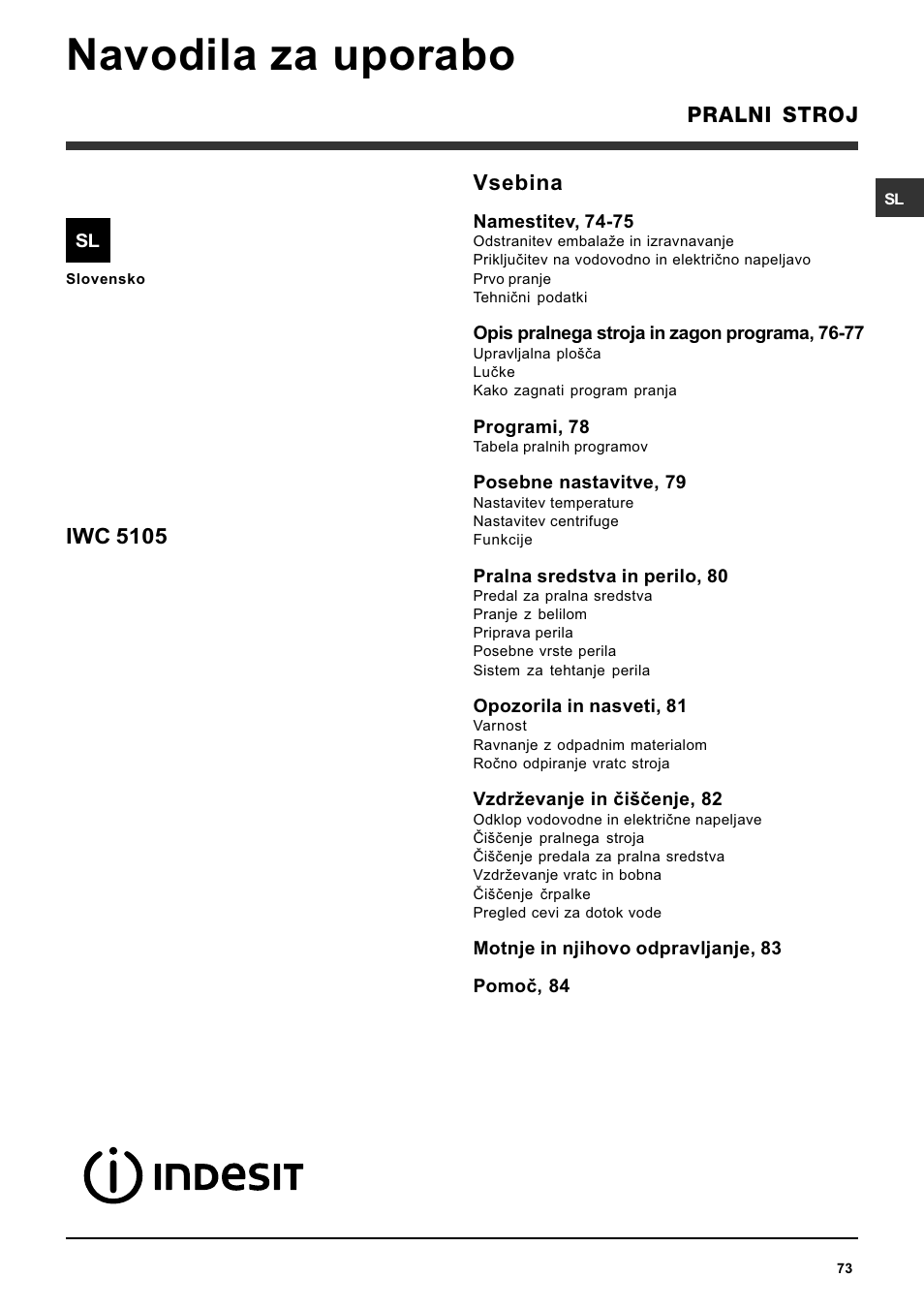 Navodila za uporabo, Vsebina, Iwc 5105 | Pralni stroj | Indesit IWC-5105-(EU) User Manual | Page 73 / 84