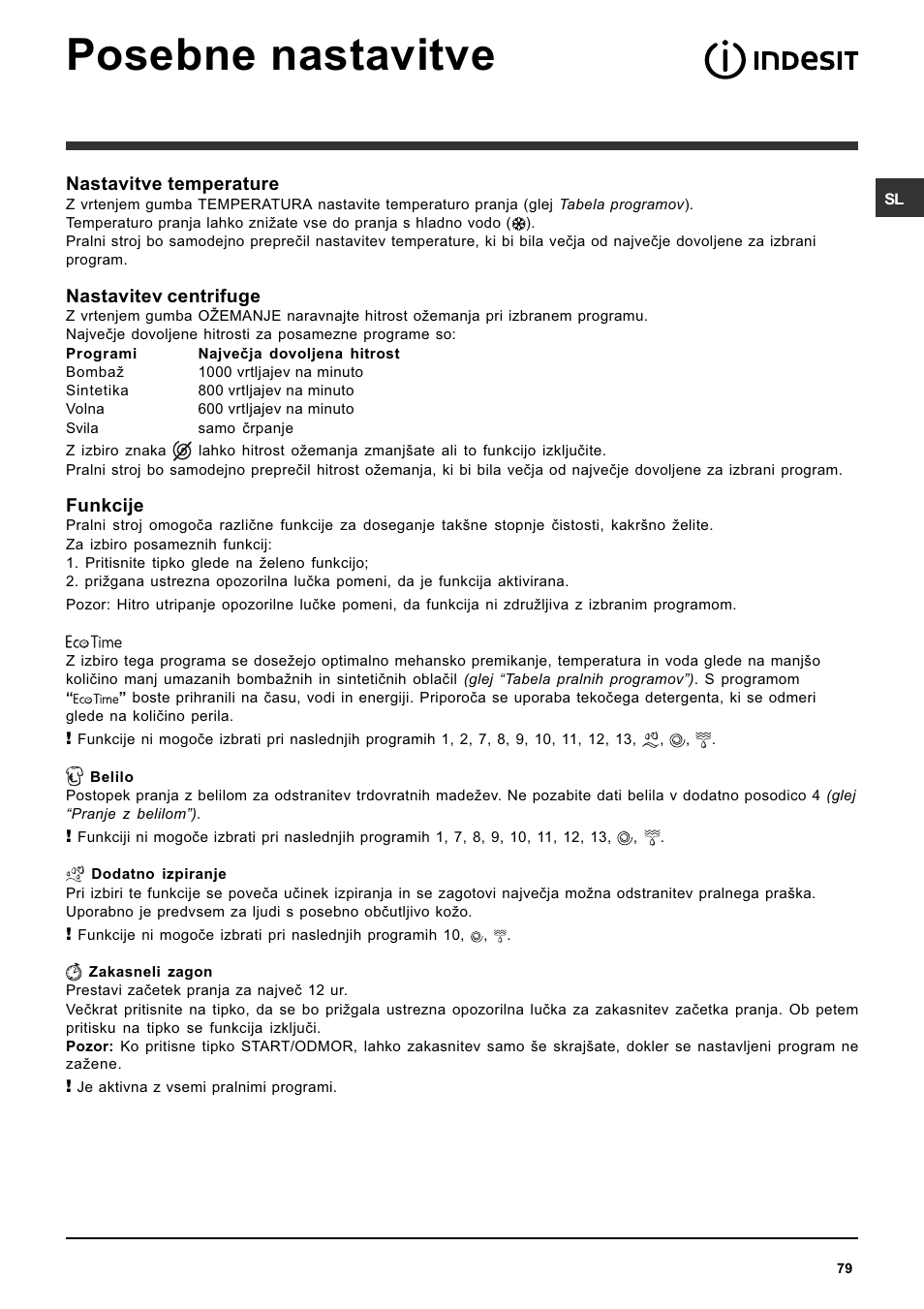Posebne nastavitve | Indesit IWC-5105-(EU) User Manual | Page 79 / 84
