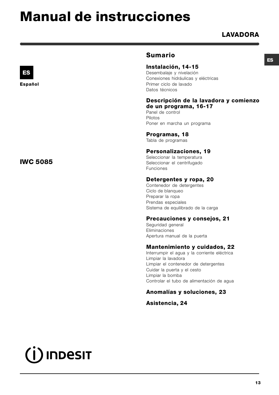 Manual de instrucciones, Sumario, Iwc 5085 | Lavadora | Indesit IWC-5085-(EU) User Manual | Page 13 / 72
