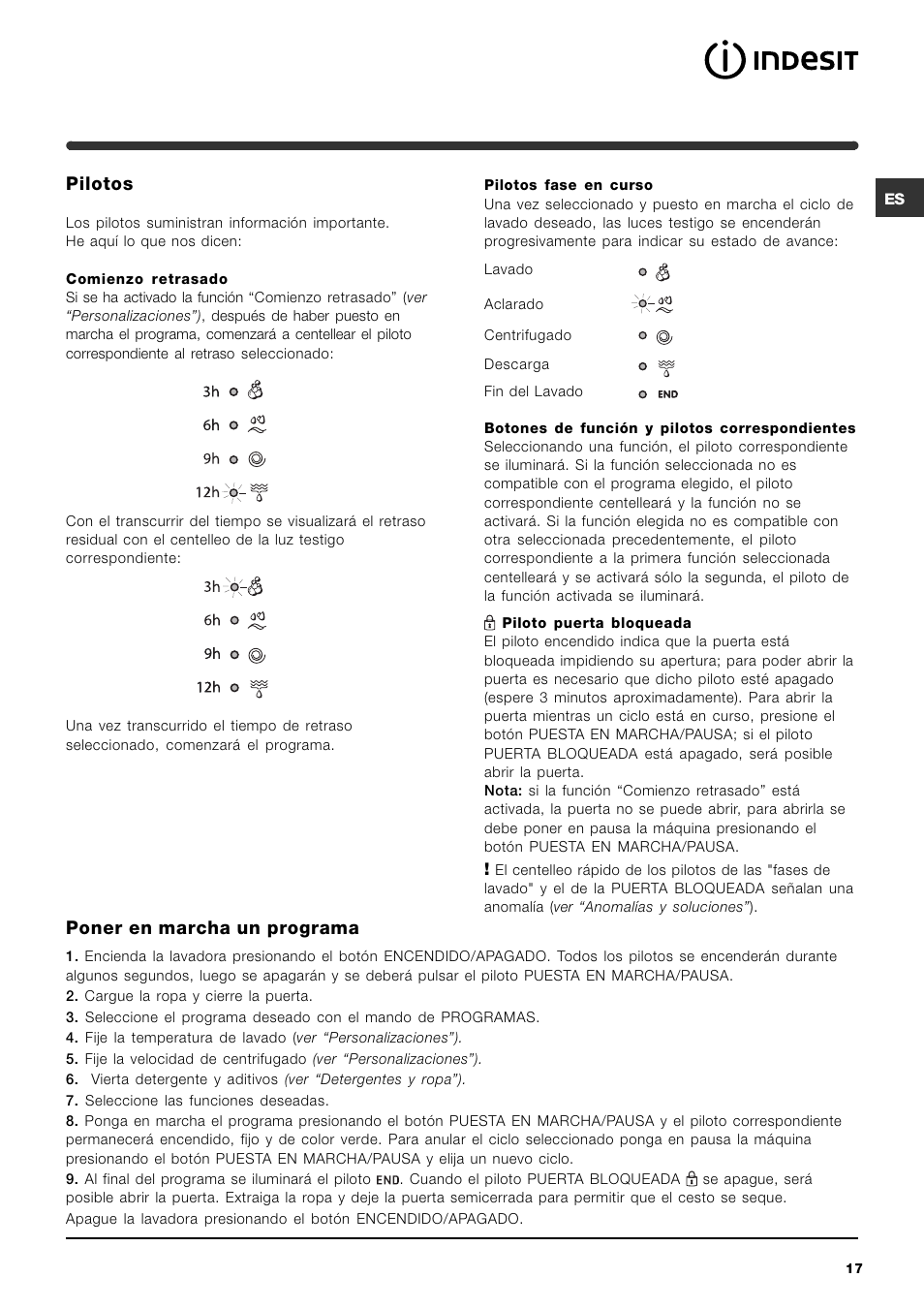 Pilotos, Poner en marcha un programa | Indesit IWC-5085-(EU) User Manual | Page 17 / 72