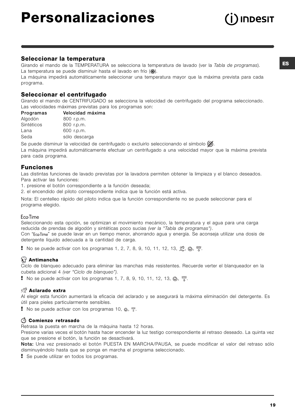 Personalizaciones | Indesit IWC-5085-(EU) User Manual | Page 19 / 72
