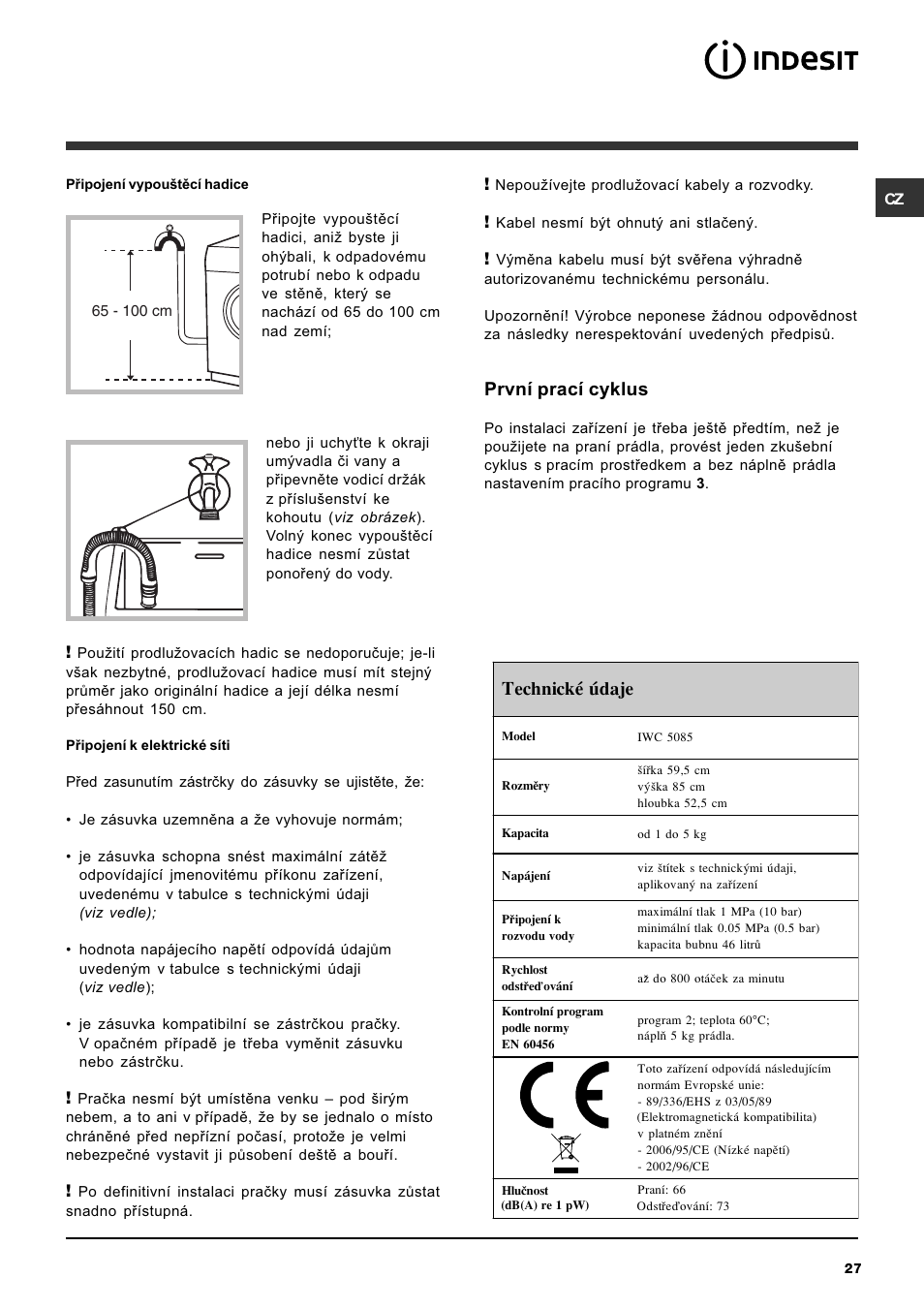 Technické údaje, První prací cyklus | Indesit IWC-5085-(EU) User Manual | Page 27 / 72