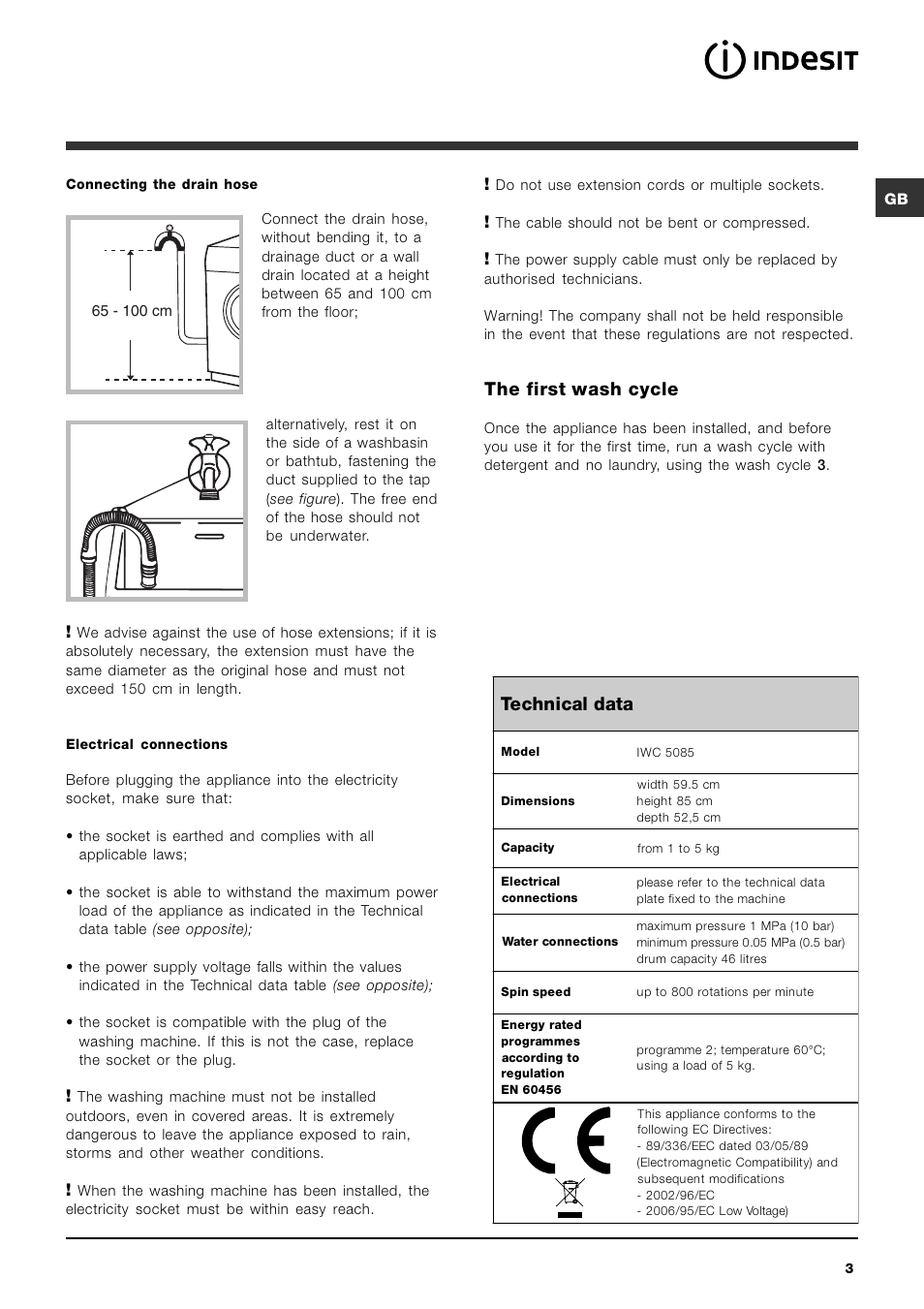 Technical data, The first wash cycle | Indesit IWC-5085-(EU) User Manual | Page 3 / 72