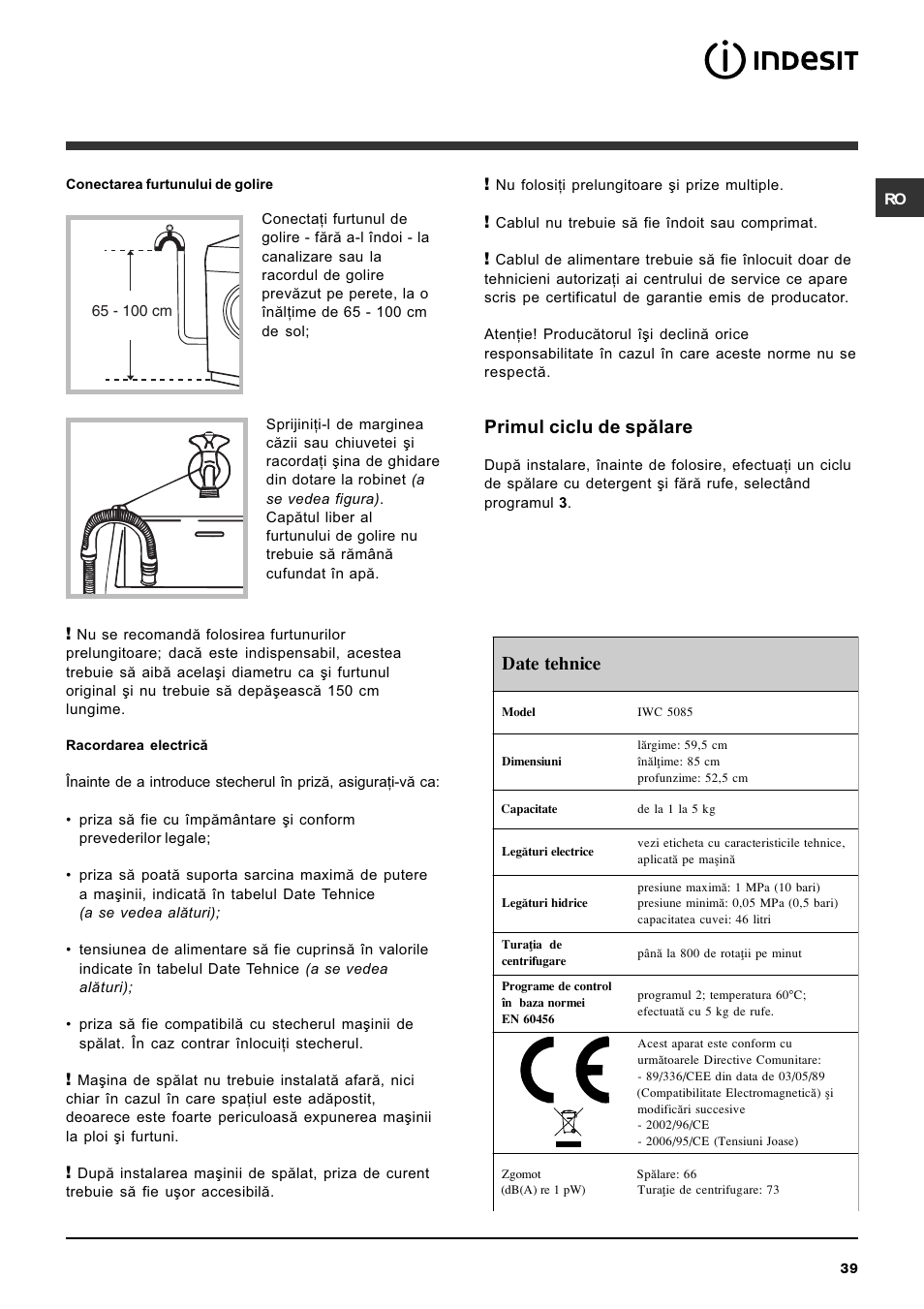 Primul ciclu de spãlare, Date tehnice | Indesit IWC-5085-(EU) User Manual | Page 39 / 72