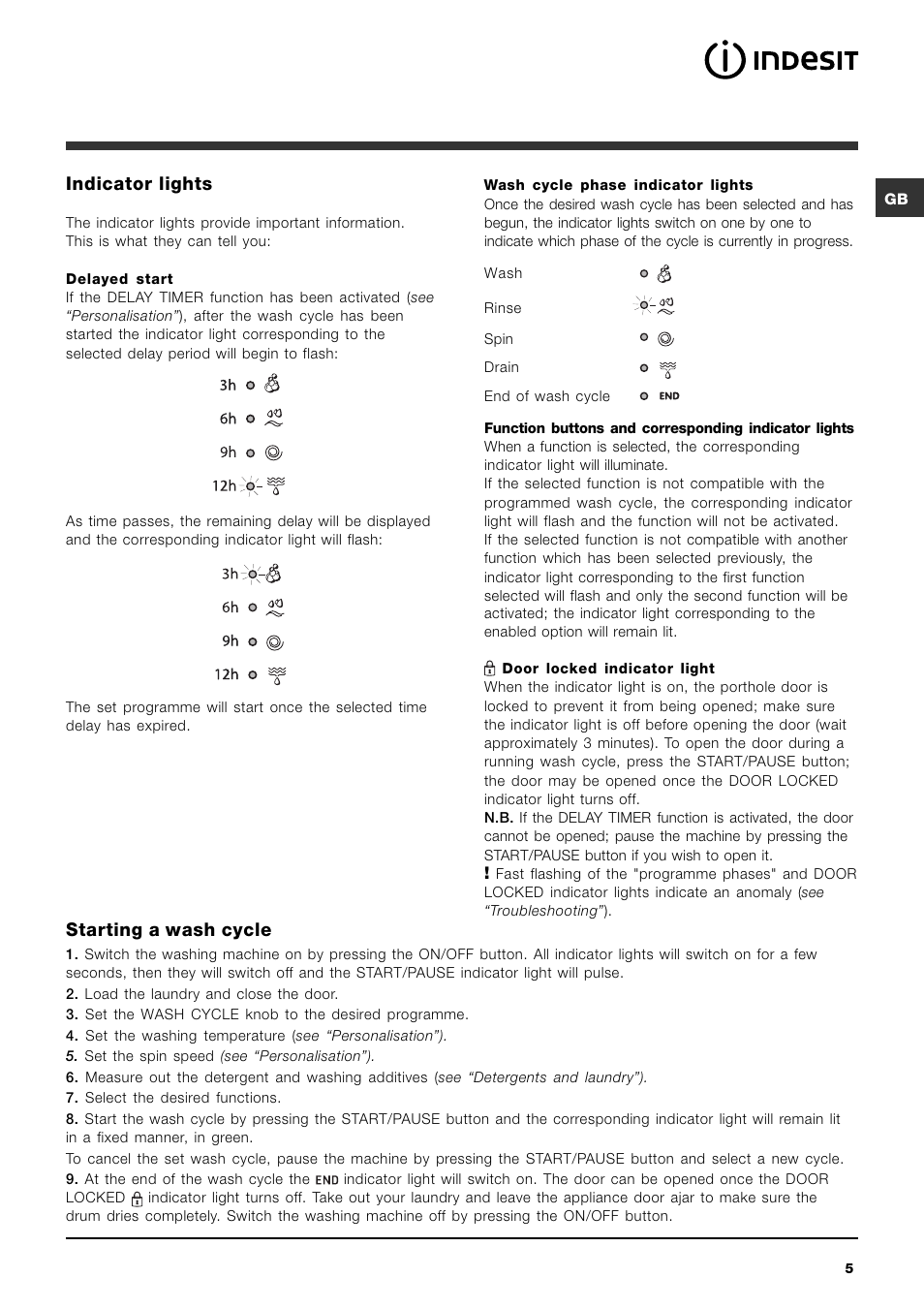 Indicator lights, Starting a wash cycle | Indesit IWC-5085-(EU) User Manual | Page 5 / 72