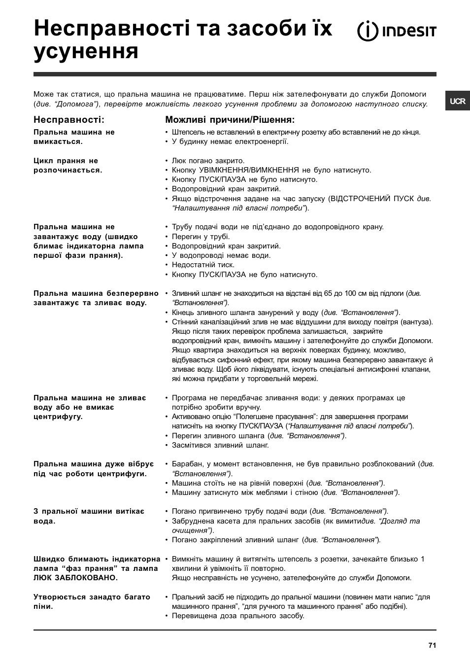 Несправност³ та засоби ¿х усунення | Indesit IWC-5085-(EU) User Manual | Page 71 / 72