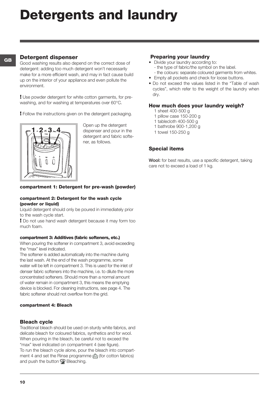 Detergents and laundry | Indesit WITXL-1051-(EU) User Manual | Page 10 / 84