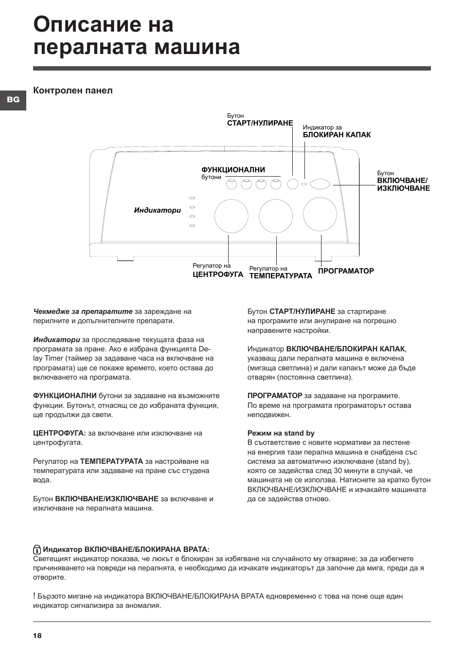 Описание на пералната машина | Indesit WITXL-1051-(EU) User Manual | Page 18 / 84